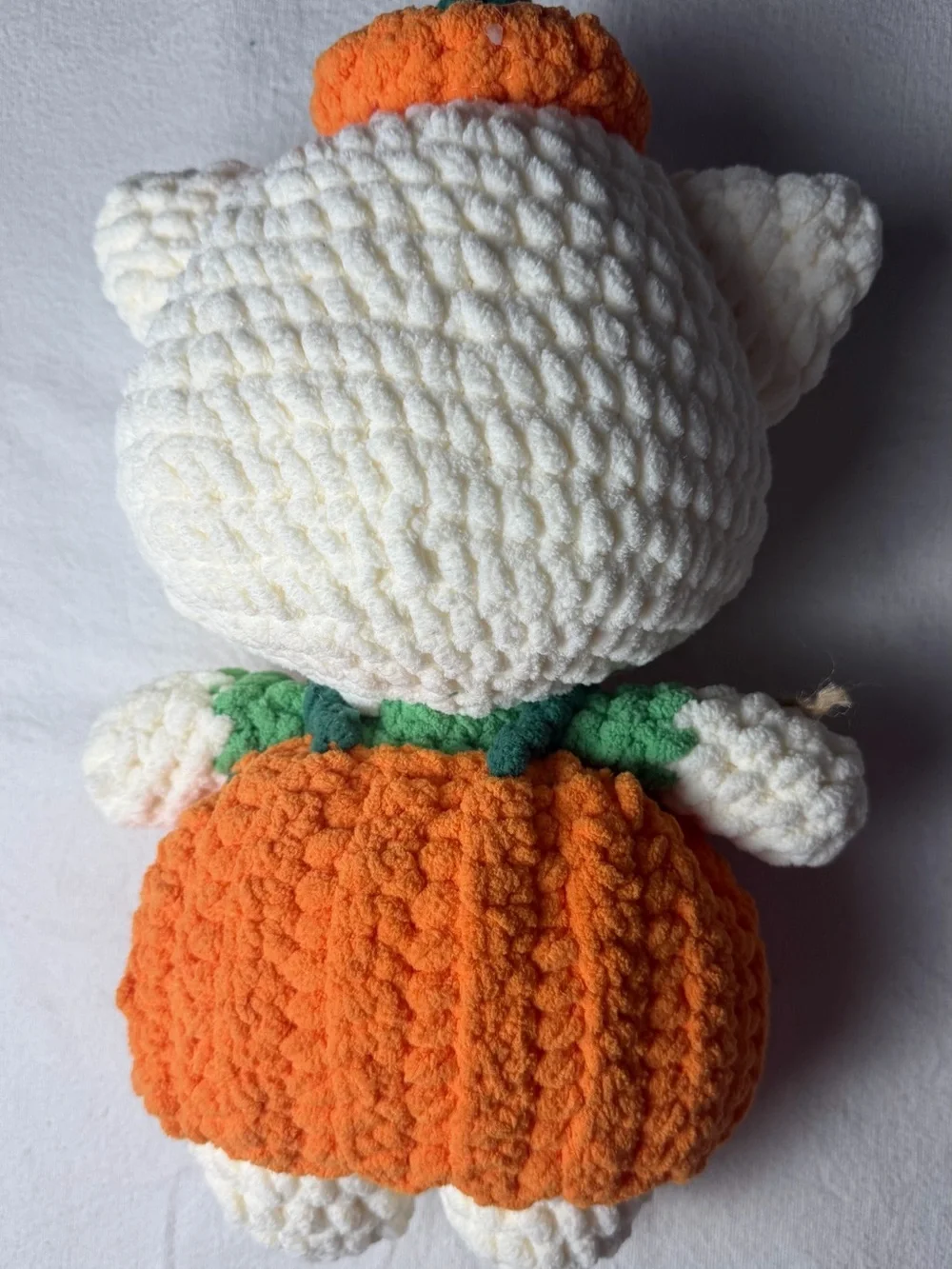 Handmade White & Orange Plush Hello kitty in Pumpkin Outfit - Cute Fall Pet Toy